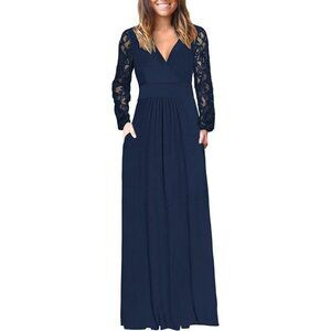 ⚡Blue Women Fall Maxi Dress 2025 Lace Long Sleeve V Neck Wrap Dress with Pockets